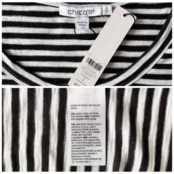 CHICO’S NWT 2 / Women’s L Striped Slub 3/4-Sleeve Tee • Cotton Modal Black White - Picture 5 of 10